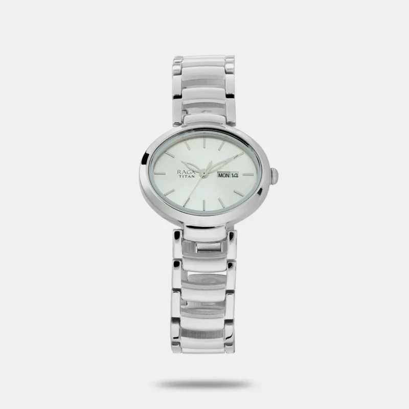 Titan Raga Viva Silver Dial Analog with Day and Date Metal Strap Watch for Women - NR2620SM01