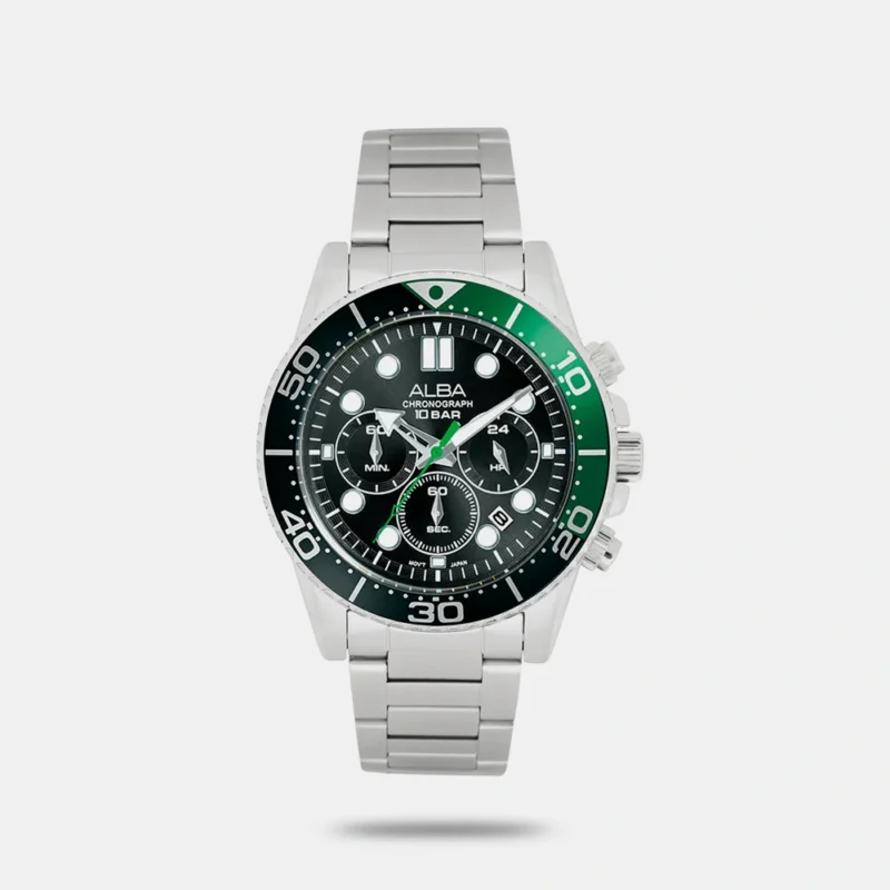 Alba AT3J39X1 Midnight Black Dial with Black+Green Bezel Chronograph