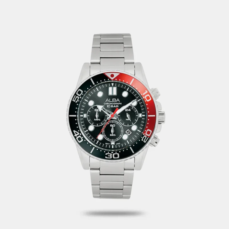 Alba AT3J37X1 Midnight Black Dial with Black+Red Bezel Chronograph