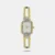 This analog watch for women has a white dial, featuring three plain hands and markings at the quarter intervals. A crown on the gold case lets you adjust the time. Made of stainless steel, its gold and silver in colour strap is fitted with a jewellery clasp.