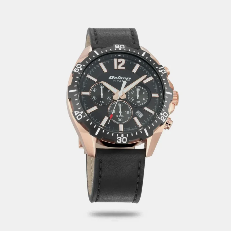 Titan Quartz Chronograph Black Dial Leather Strap Watch for Men NP90108KL01