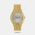 This analog watch for men features a round silver dial, encompassed within a Metal case. The dial has gold slanted markings at the five minute intervals and three plain hands. Made of metal, its gold strap comes with a sliding clasp.