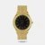 Make a style statement with this analog watch for men featuring a round black dial and gold strap. The gold yellow crown allows for easy time adjustment, and the sliding clasp ensures a secure fit. With three plain hands and slanted markings, this watch combines functionality with elegance