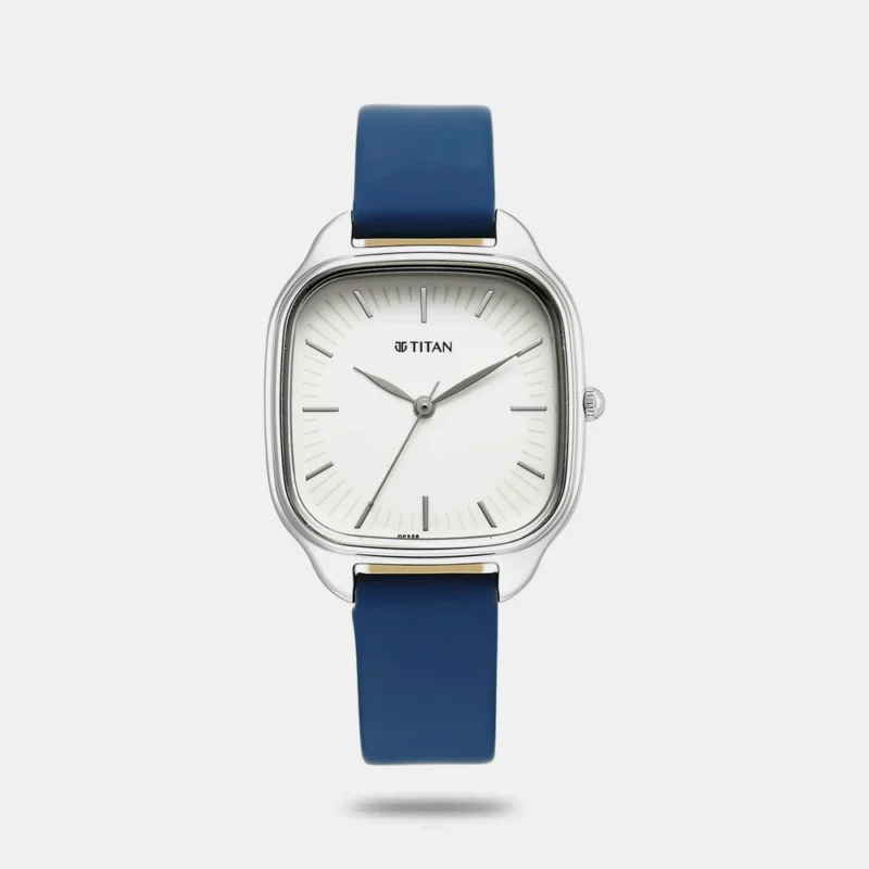 Titan Workwear Quartz Analog White Dial Blue Leather Strap Watch For Women 2733SL02