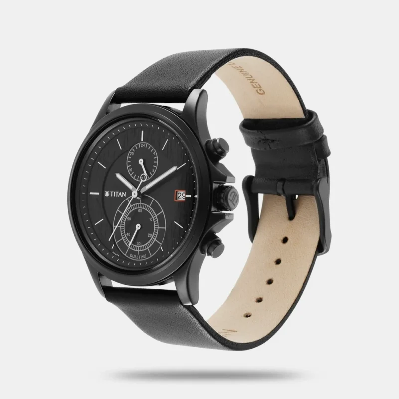 Titan Workwear Black Dial Dual Time Leather Strap watch for Men NS1870NL01 - Image 2