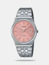 Striking and sophisticated — a chic metal timepiece with classic hour, minute, and seconds hand design takes on soft, sumptuous color. The sunray dial delivers a deceptively simple, luxe appearance. The easy-read date display at the 3 o’clock position adds an extra handy touch. Water resistance up to 50 meters frees you from worry, even on rainy days.
