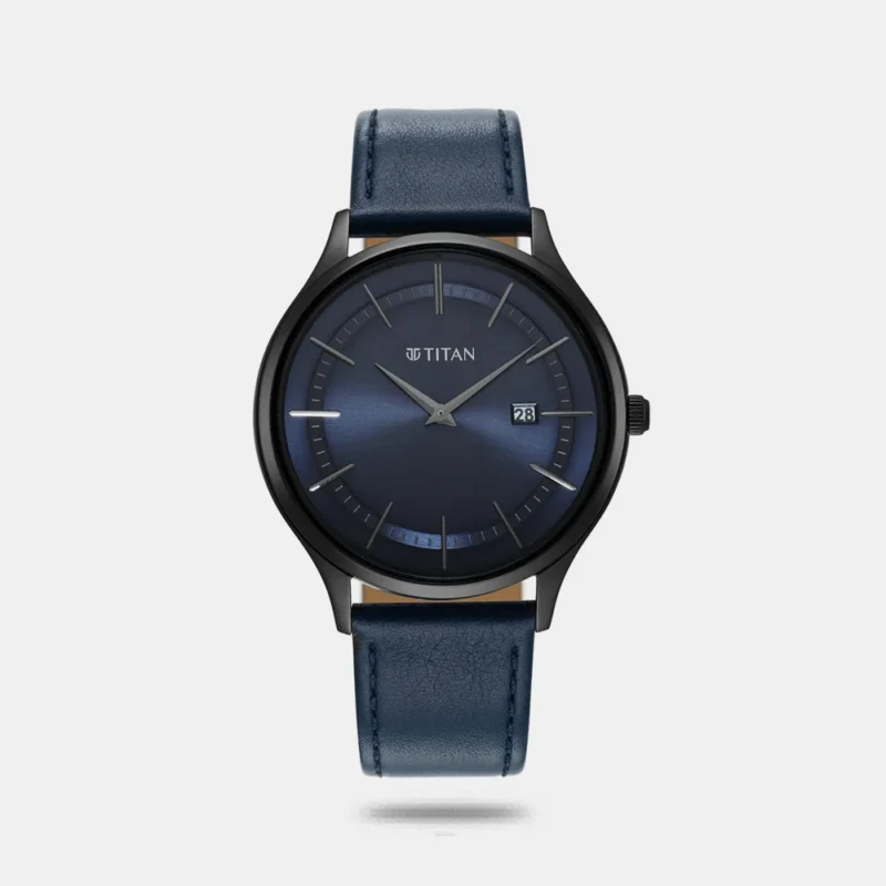 Titan Classique Slimline Blue Dial Analog with Date Leather Strap watch for Men NS90142NL01