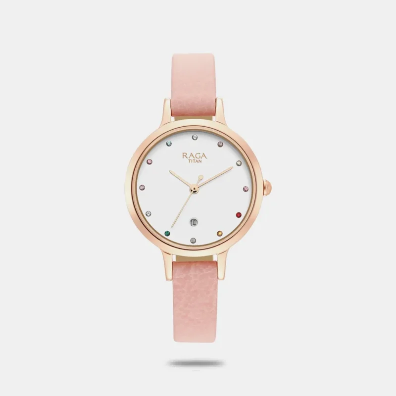 Titan Raga Viva Quartz Analog with Date White Dial Leather Strap Watch for Women 2666WL01