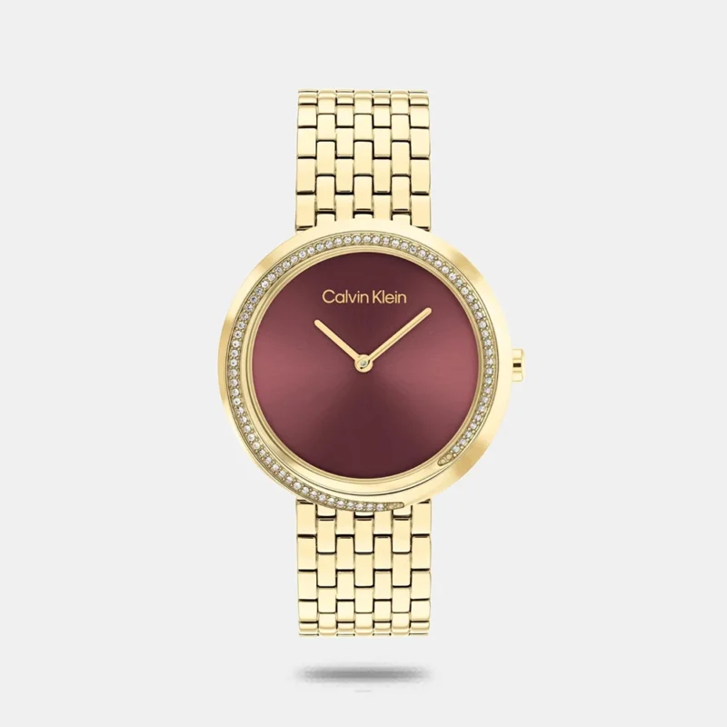 Calvin Klein Twisted Bezel Women Quartz Bronze Dial Analog Stainless Steel Watch 25100069