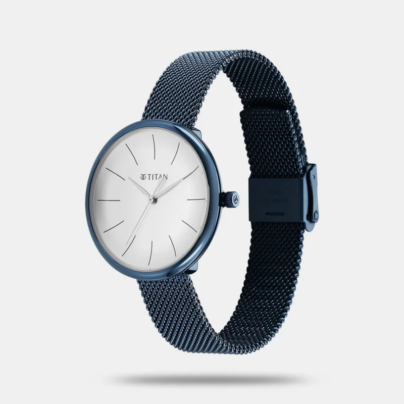 Titan Slimline Quartz Analog White Dial Blue Stainless Steel Strap Watch for Women 95182QM01 - Image 2