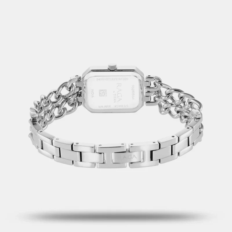 Titan Raga Showstopper Quartz Analog Silver Dial Silver Metal Strap Rectangular Shaped Watch For Women 95283SM01 - Image 4