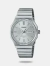 Go for bold, streamlined style with a classic, easy-read analog watch featuring a metal octagonal case. Enjoy handy functions like water resistance up to 50 meters and date-day display.