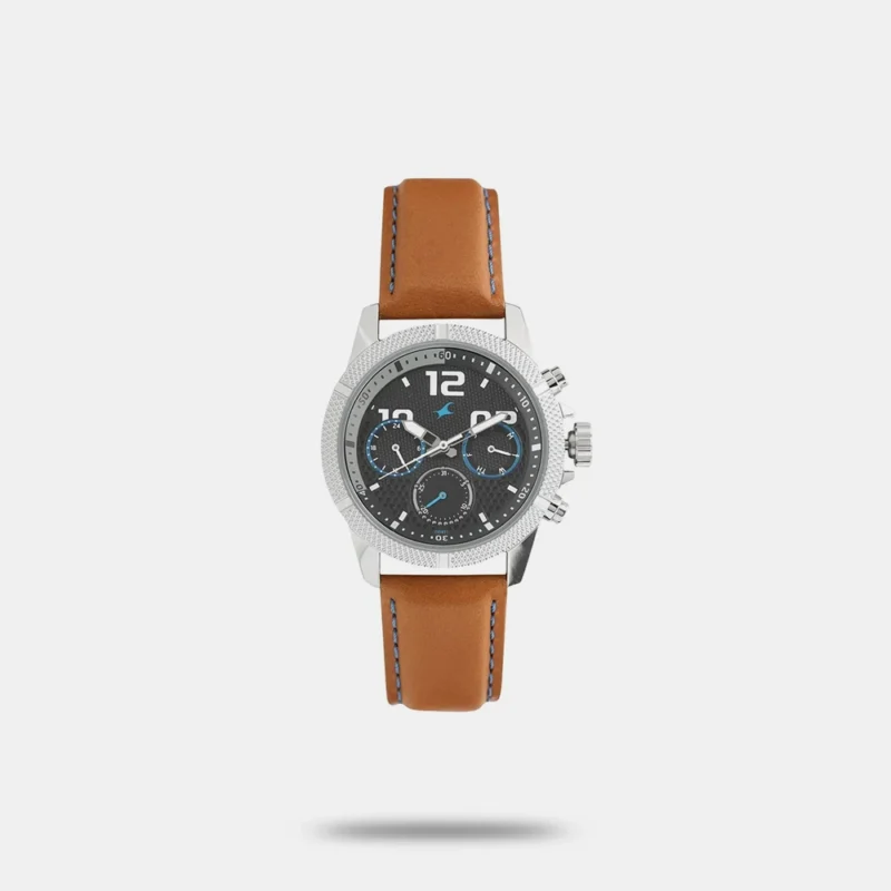 Fastrack Loopholes Quartz Multifunction Black Dial Leather Strap Watch for Guys - 3169SL01