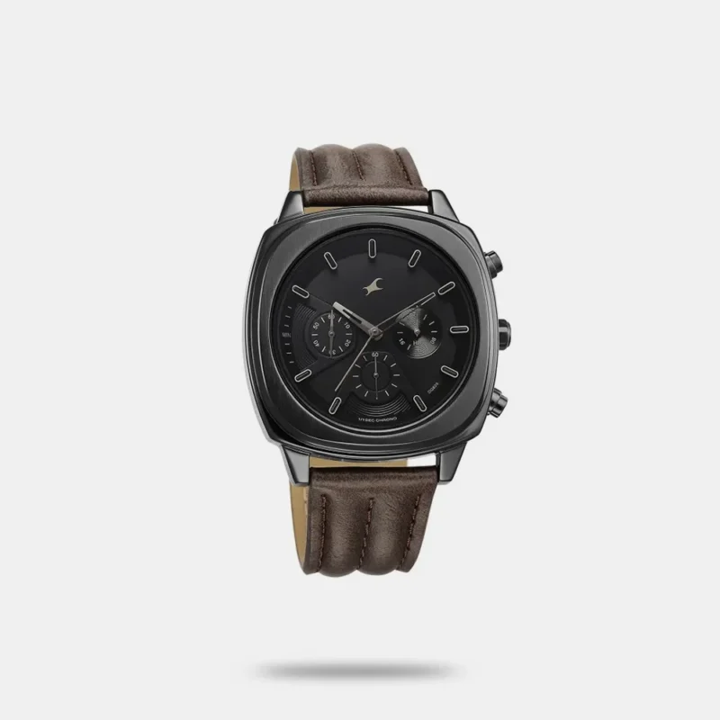 Fastrack Kronos Chronograph Black Dial Brown Leather Strap Watch For Guys - 3319NL01