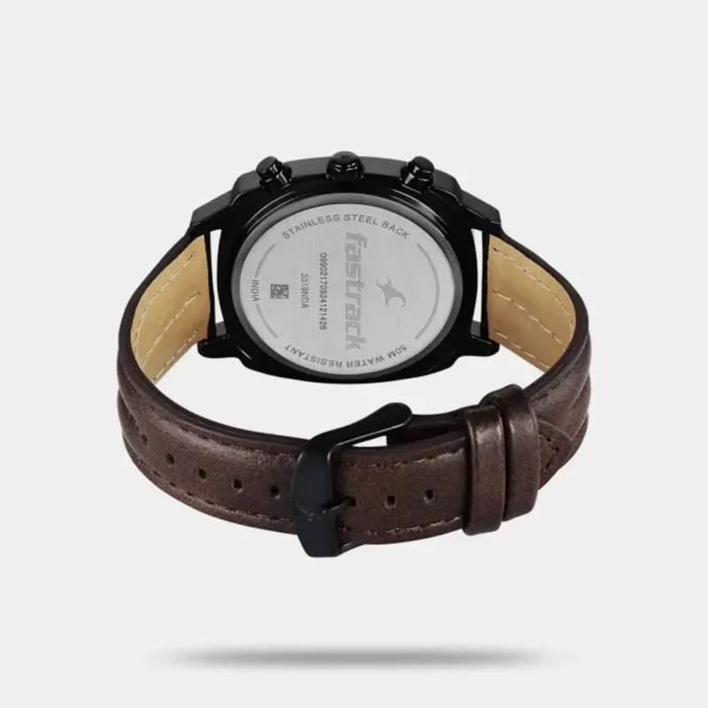 Fastrack Kronos Chronograph Black Dial Brown Leather Strap Watch For Guys - 3319NL01 - Image 4