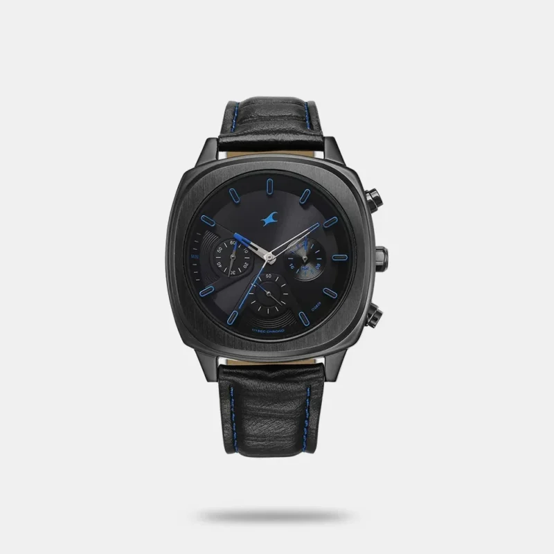 Fastrack Kronos Chronograph Black Dial Black Leather Strap Watch For Guys - 3319NL02