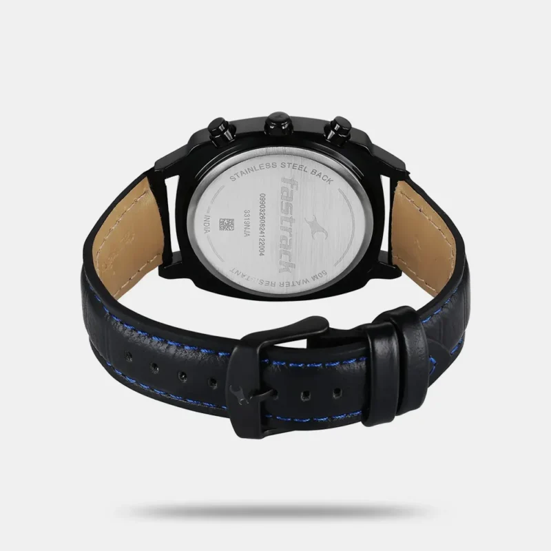 Fastrack Kronos Chronograph Black Dial Black Leather Strap Watch For Guys - 3319NL02 - Image 3