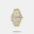 Everyone will appreciate your fine taste in style as you wear this men's analog watch by Timex. The silver round dial is secured by a mineral glass and is functional on a quartz movement. It exudes multifunction. The stainless steel strap vaunts a silver & gold hue that enhances the look of the watch. Furthermore, it is completed with a push-button clasp to ensure a secure fit on the wrist.