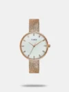 Complement your personality with this men's analog watch by Timex. Enclosed in a 43 mm case, the green round dial is secured by a mineral glass. It displays plain three hands. The stainless steel strap showcases a silver hue that uplifts the look of the watch. Besides, it is finished with a push-button clasp that provides a secure fit on the wrist.