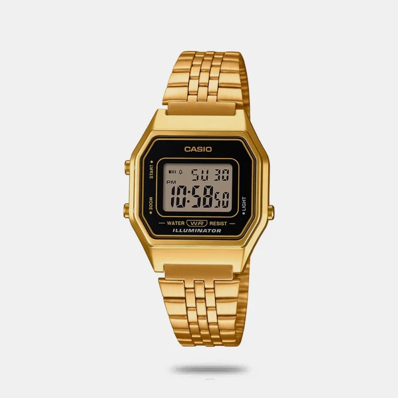 Casio Vintage LA680WGA-1DF Digital Black Dial Women Watch Gold Stainless Steel Strap D344