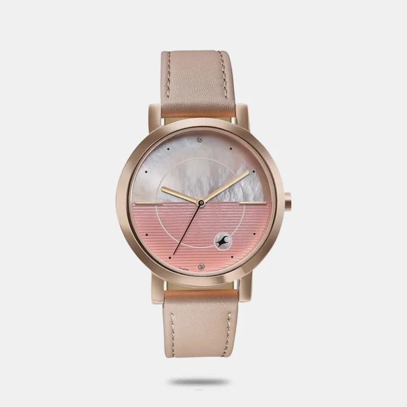 Fastrack Style Up Quartz Analog Pink Mother Of Pearl Dial Pink Leather Strap Watch For Girls 6284WL03