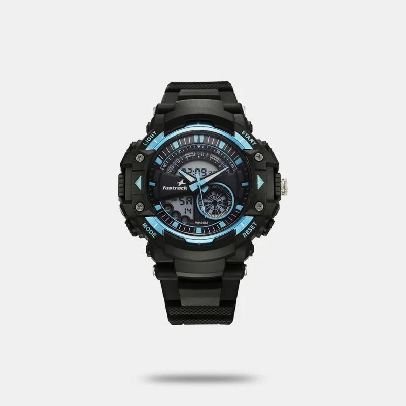 Fastrack StreetStyle Quartz Digital Black And Blue Dial Black PU Strap Unisex Watch 38097PP01W