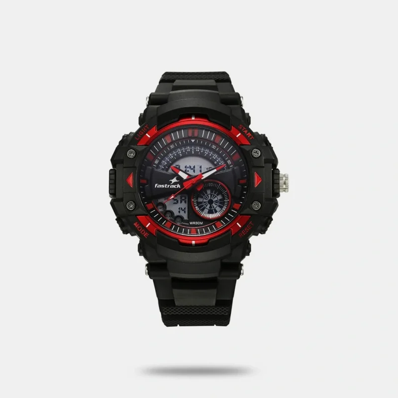 Fastrack StreetStyle Quartz Digital Black And Red Dial Black PU Strap Unisex Watch 38097PP02W