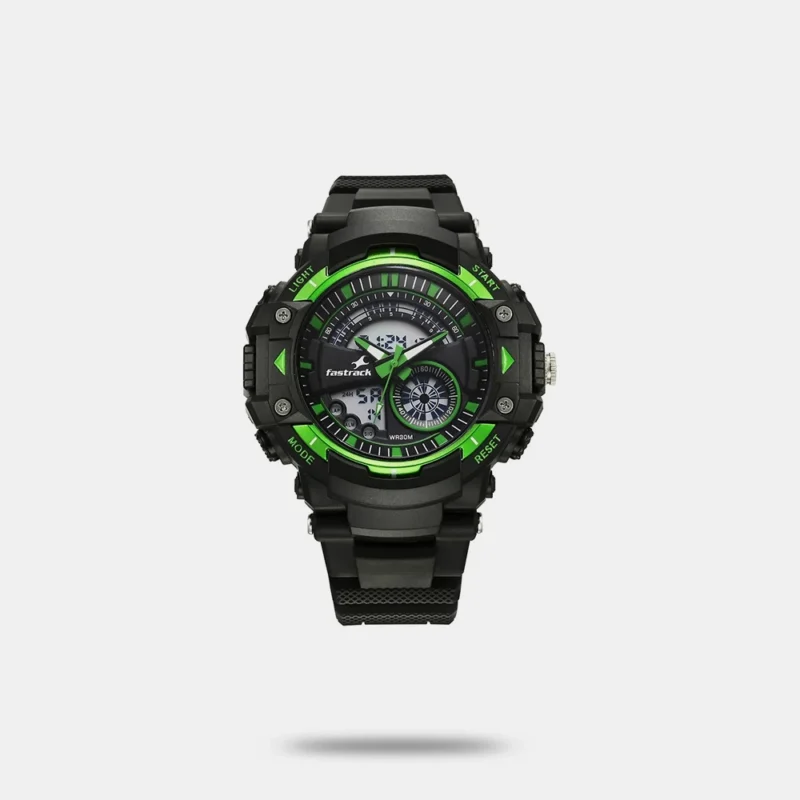 Fastrack StreetStyle Quartz Digital Black And Green Dial Black PU Strap Unisex Watch 38097PP03W