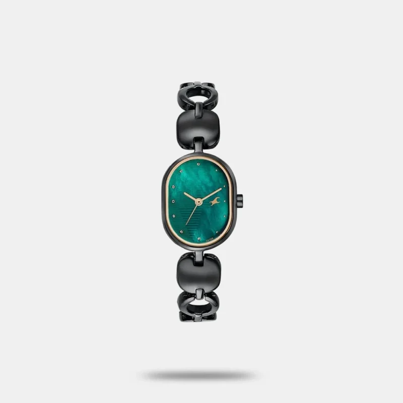 Fastrack Style Up Quartz Analog Green Mother Of Pearl Dial Black Metal Strap Watch For Girls 6309NM01