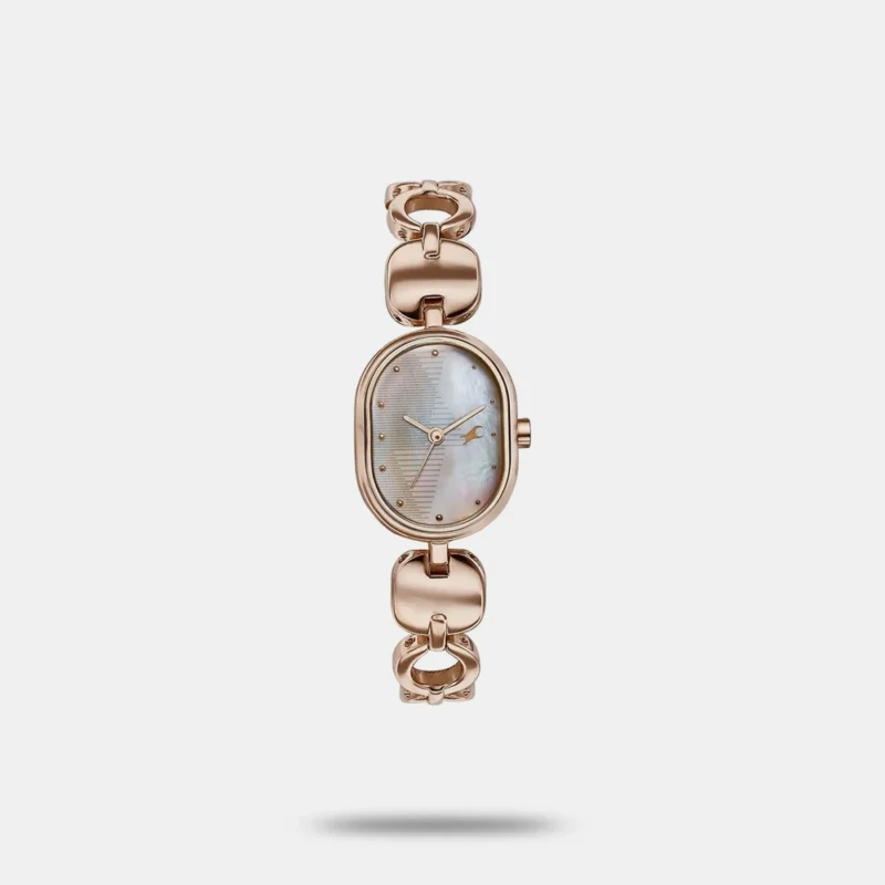 Fastrack Style Up Quartz Analog Mother Of Pearl Dial Rose Gold Metal Strap Watch For Girls 6309WM01