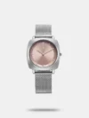 This sleek analog watch features a stainless steel mesh strap with a convenient sliding buckle for a secure fit. The round dial showcases minimalist dot hour markers for a stylish yet simple design. With a 30m water resistance, it’s built to handle daily wear easily.