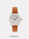 This classy watch has a beige square dial in a stainless steel case. The watch has a brown leather strap with a buckle clasp for fastening. The watch comes with a 24 month warranty on purchase.