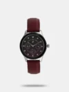 Accessorize your look with this water-resistant watch featuring a printed dial with date and day windows at 3 o’clock. The strap is made from genuine leather and is equipped with a tang buckle closure.