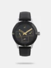 Accessorize your look with this analog watch featuring a round dial with bar hour markers, 50m water resistance, and a leather strap with a tang buckle closure.