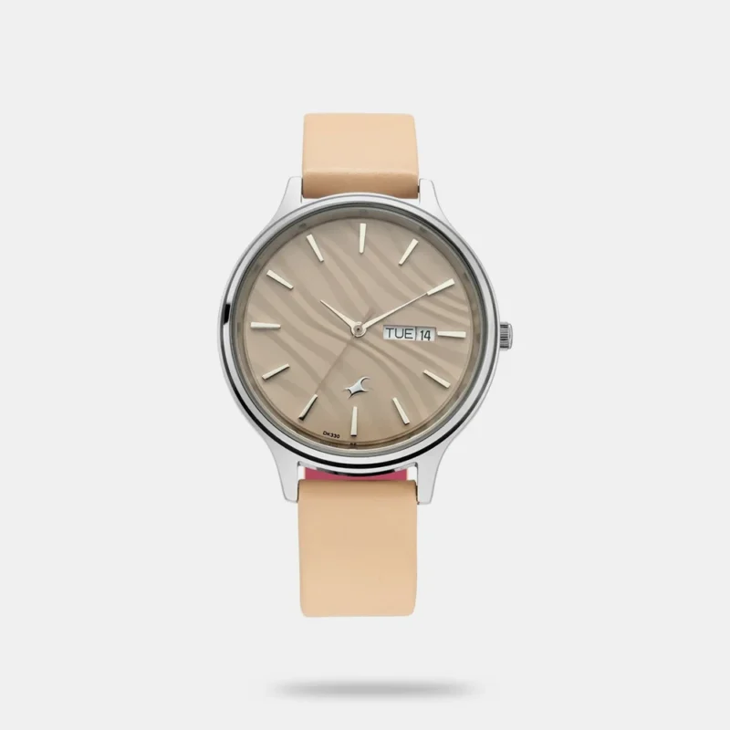 Fastrack Ruffles Quartz Analog with Day and Date Beige Dial Leather Strap Watch for Girls - NP6207SL02