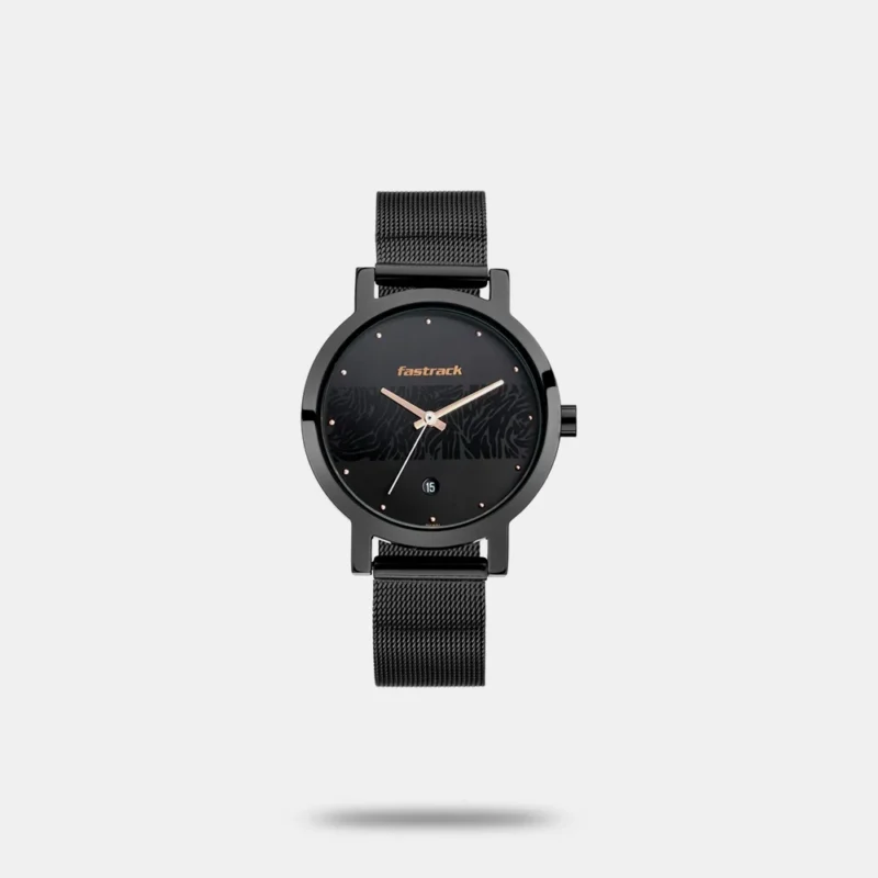 Fastrack Animal Print Quartz Analog with Date Black Dial Stainless Steel Strap Watch for Girls - NP6222NM01