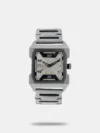 This analog watch for guys features a round, black dial with plain three hands that are red in colour. The dial has Arabic numerals at the five minute intervals and slanted lines marking the one minute intervals. A crown on the black case lets you adjust the time. This timepiece has a black, stainless steel strap that comes fitted with a divers clasp for security purpose. Equipped with a 5 ATM water resistance feature, the timepiece is user-friendly and comes with a 24 month warranty.