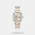 Moving beyond looks, Kenneth Cole New York just hits the mark with the latest automatic watch for women. The brand combines elegance and complex mechanics with this ion-plated rose gold timepiece. The top ring sets the stage while the flower-patterned light rose gold dial intricately intertwines with the mechanics as a backdrop. The hand design perfectly blends with the floral theme, creating a harmonious balance of femininity and sophistication. The two-tone bracelet adds a personality to the overall design.
