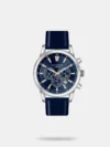 Let this classy men's analog watch from Lee Cooper be a testimony to your love. Its genuine leather strap comes in a blue hue that elevates the look of the watch. The blue round dial showcases chronograph, bold stick markings at five-minute intervals. Furthermore, it is complemented with a buckle clasp that ensures a secure fit on the wrist.