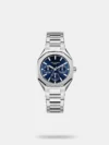 Add smartness to your personality by wearing this women's analog watch from the collection by Lee Cooper. Operated by a quartz movement and safeguarded by a mineral glass, the blue round dial is encased in a 34 mm case. It features multifunction. The stainless steel strap comes in a silver hue that further elevates the look of the timepiece. Moreover, it is fitted with a push-button clasp to ensure a secure fit on the wrist.