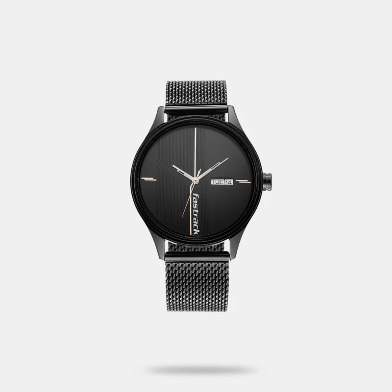 Fastrack Style Up Quartz Analog with Day and Date Black Dial Stainless Steel Strap Watch for Guys - NS3247NM03
