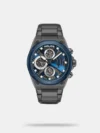 This chronograph watch combines a sleek silhouette with practicality, featuring a round dial adorned with glow-in-the-dark hour markers and three sub-dials for day, date, and 24-hour time tracking. The design is accentuated by plain 3 hands ensuring clarity and time visibility. A secure fold-over deployment clasp closure on a metal strap along with 50 meters of water resistance provides a comfortable fit for everyday wear.