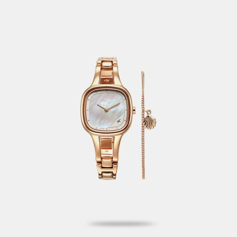 Fastrack Pulse Quartz Analog Mother Of Pearl Dial Rose Gold Metal Strap Watch For Girls - 6147WM01F
