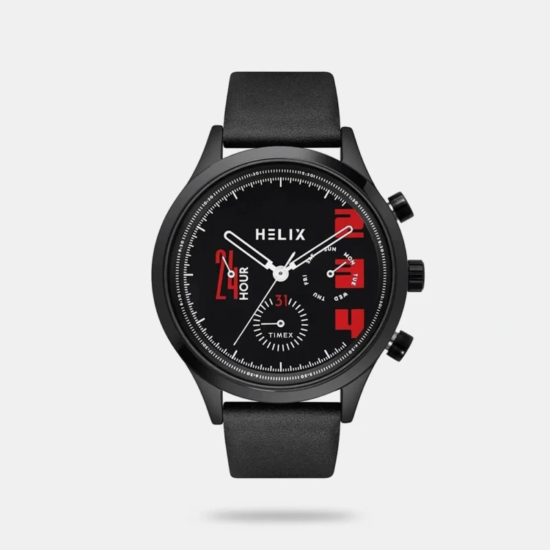 Helix by Timex Analog Watch for Man with Black Round Dial & Black Leather Strap Band Water Resistant Men's Wrist Watches - TW003HG28