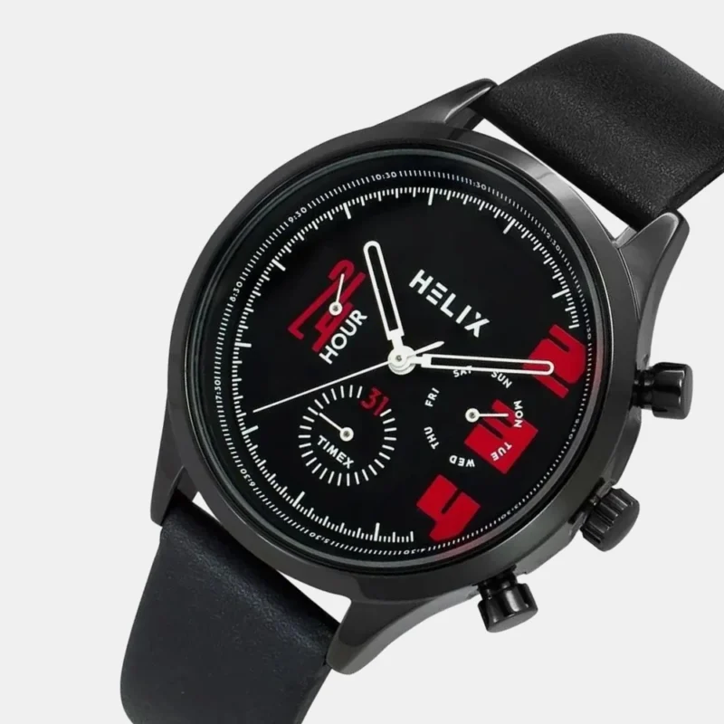 Helix by Timex Analog Watch for Man with Black Round Dial & Black Leather Strap Band Water Resistant Men's Wrist Watches - TW003HG28 - Image 2