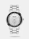 Sober yet stylish, this men's analog watch by Helix is sure to impress you. Protected by a mineral glass, the beige round dial is housed in a 42 mm case. It vaunts plain three hands. The stainless steel strap showcases a silver hue that uplifts the look of the watch. Moreover, it is fitted with a push-button clasp to ensure a secure fit on the wrist.