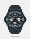 Blurring the boundaries between form and functionality, this men's analog-digital watch by Helix is a must-have. Operated by a quartz movement and safeguarded by a mineral glass, the black round dial is encased in a 50 mm case. It features multifunction. The resin strap showcases a black hue that uplifts the look of the watch. Moreover, it is fitted with a buckle clasp to ensure a secure fit on the wrist.