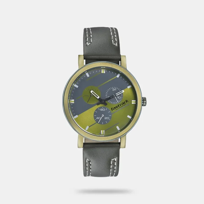 Fastrack Dial It Up Quartz Multifunction Green Dial Leather Strap Watch for Guys - 3238QL01