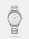 Make a bold impression with this sophisticated watch. The round dial features a classic 3-hand movement, with dot indices, along with a stylized face. Designed for both style and durability, the watch offers water resistance up to 50 meters and is equipped with a robust metal strap, secured with a fold-over deployment clasp closure for a comfortable fit.