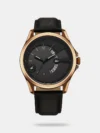Make a bold impression with this sophisticated watch. The round dial features a classic 3-hand movement, with stick indices, along with a convenient date window. Designed for both style and durability, the watch offers water resistance up to 50 meters and is equipped with a robust leather strap, secured with a tang buckle closure for a comfortable fit.